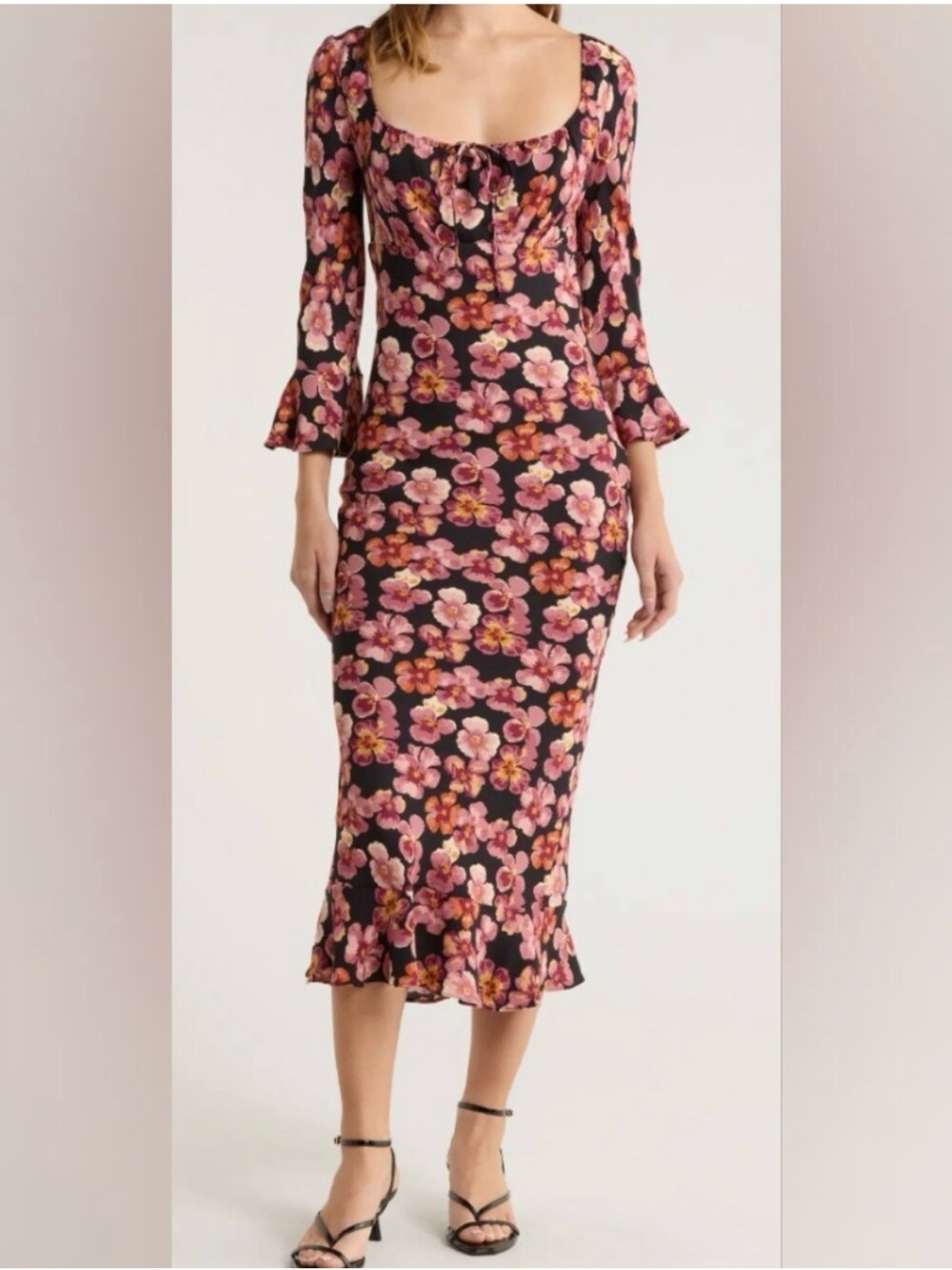 Reformation Kiley Black Floral Scoop-Neck Midi Dress with Pink Blooms